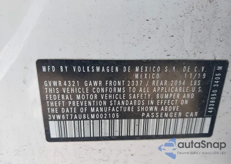 2020 Volkswagen Golf Gti 2.0T Autobahn/2.0T S/2.0T Se из США, поврежденный, VIN 3VW6T7AU8LM002105